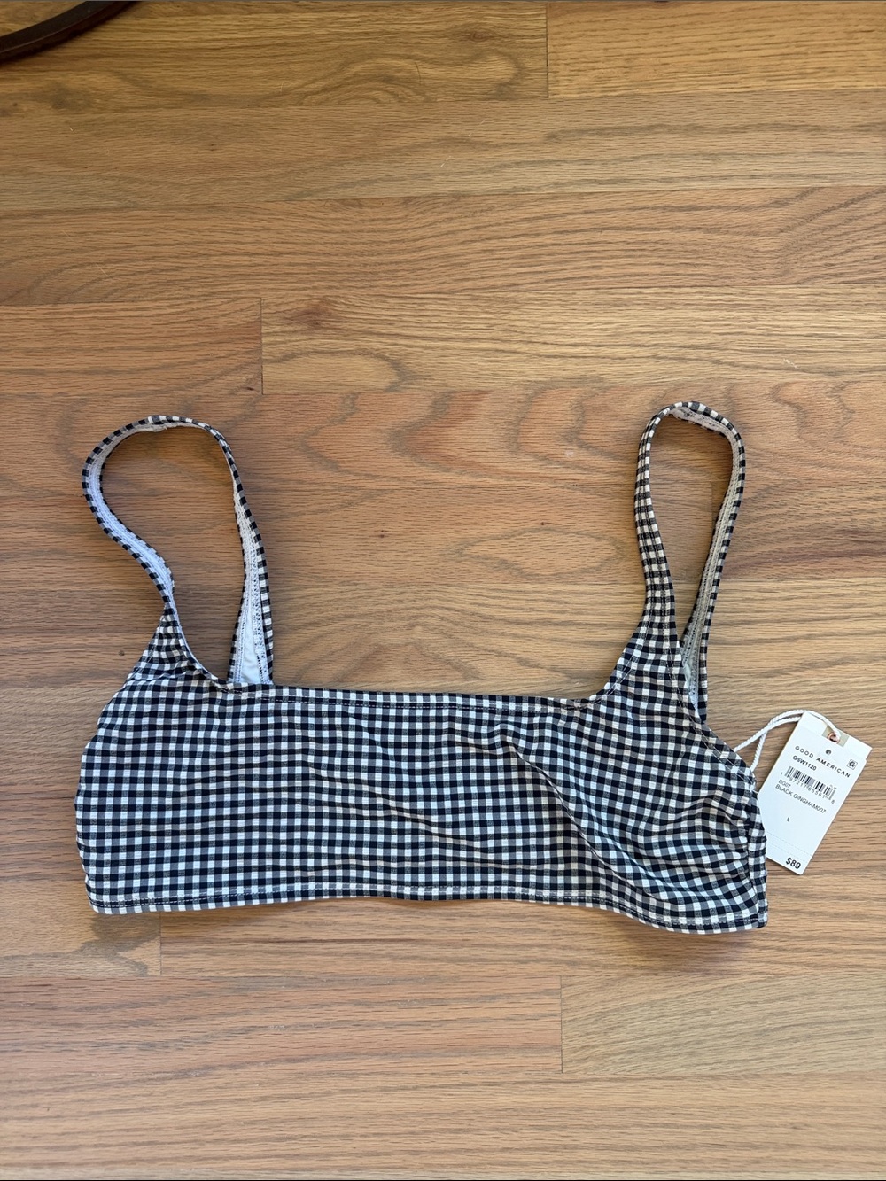 NWT Good American Gingham Square Neck Bikini Top Black White Size L